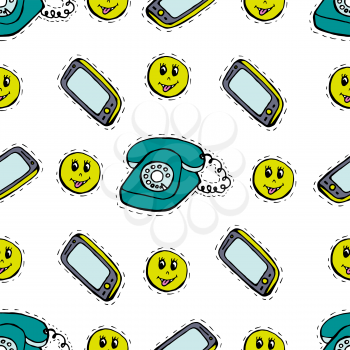 Kids, Cartoon seamless pattern. Lovely pictures for your creativity. Skarpbuking. Textiles, cartoon background. Mobile phone, old phone, emoticons