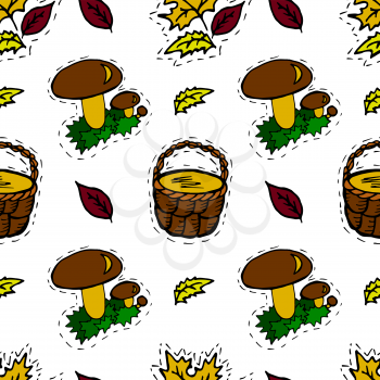 Kids, Cartoon seamless pattern. Lovely pictures for your creativity. Skarpbuking. Textiles, cartoon background. Mushrooms, leaves, autumn leaves, pottle