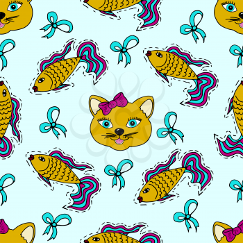 Kids, Cartoon seamless pattern. Skarpbuking. Textiles, blue cartoon background. Cat, kitty, fish, goldfish, bows