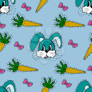 Kids, Cartoon seamless pattern. Skarpbuking. Textiles, blue cartoon background. Hare, rabbit, carrot, bows