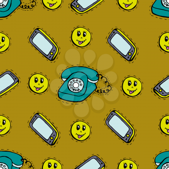 Kids, Cartoon seamless pattern. Skarpbuking. Textiles, brown cartoon background. Mobile phone, old phone, emoticons