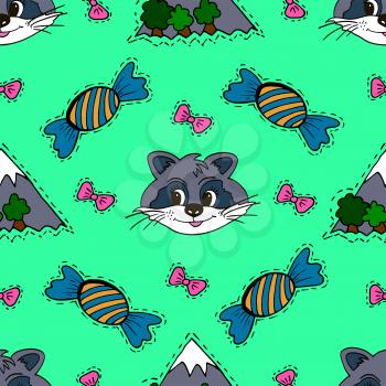 Kids, Cartoon seamless pattern. Skarpbuking. Textiles, mint cartoon background. Mountains, trees, bows, candy, raccoon