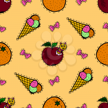 Kids, Cartoon seamless pattern. Skarpbuking. Textiles, orange cartoon background. Ice cream, orange, apple with caterpillar, bows