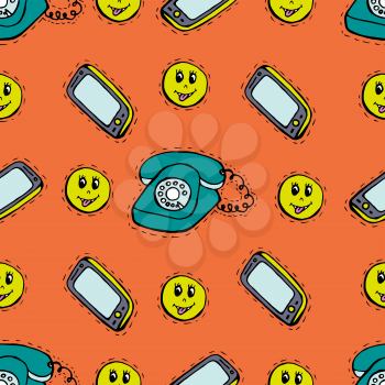 Kids, Cartoon seamless pattern. Skarpbuking. Textiles, orange cartoon background. Mobile phone, old phone, emoticons