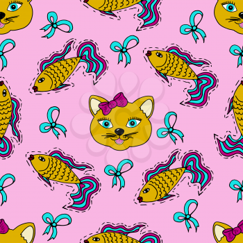 Kids, Cartoon seamless pattern. Skarpbuking. Textiles, pink cartoon background. Cat, kitty, fish, goldfish, bows