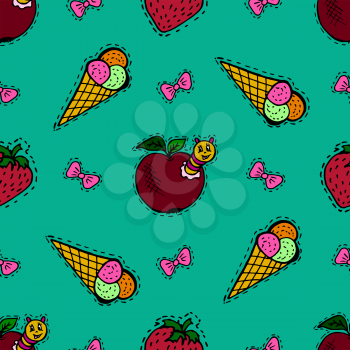 Kids, Cartoon seamless pattern. Skarpbuking. Textiles, turquoise cartoon background. Ice cream, strawberries, apple with caterpillar, bows
