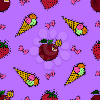 Kids, Cartoon seamless pattern. Skarpbuking. Textiles, violet cartoon background. Ice cream, strawberries, apple with caterpillar, bows