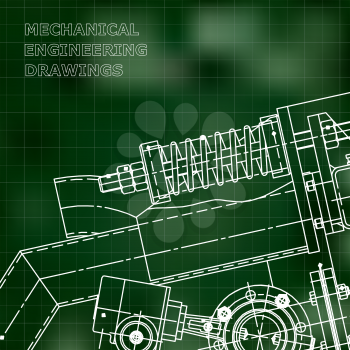 Mechanical engineering the drawing. Technical illustrations. The drawing for technical design. A cover, a banner. A place for the text. Green. Grid