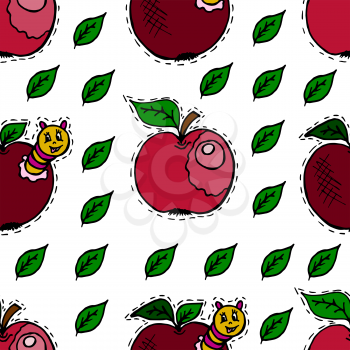 Seamless pattern in cartoon style. Apples, apple with caterpillar, green leaves. Children's background