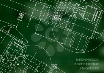 Mechanical Engineering drawing. Blueprints. Mechanics. Cover, background. Green. Points