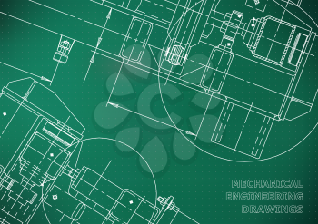 Mechanical Engineering drawing. Blueprints. Mechanics. Cover, background. Light green. Points