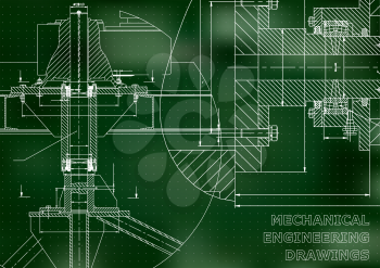 Mechanical engineering. Technical illustration. Backgrounds of engineering subjects. Technical design. Instrument making. Cover, banner, flyer. Green background. Points
