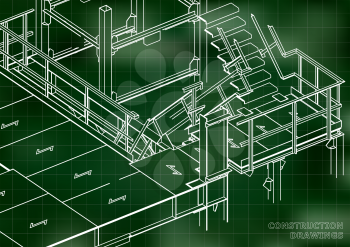 Building. Metal constructions. Volumetric constructions. 3D design. Abstract backgrounds. Green background. Grid