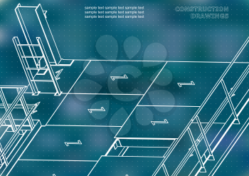 Building. Metal constructions. Volumetric constructions. 3D design. Blue background. Points