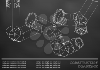 Drawings of steel structures. Pipes and pipe. 3d blueprint of structures. Cover, background for your design. Black background