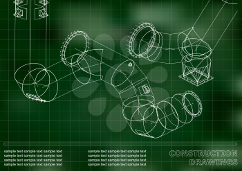 Drawings of steel structures. Pipes and pipe. 3d blueprint of structures. Cover, background for your design. Green background. Grid