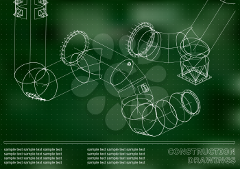 Drawings of steel structures. Pipes and pipe. 3d blueprint of structures. Cover, background for your design. Green background. Points