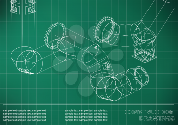 Drawings of steel structures. Pipes and pipe. 3d blueprint of structures. Cover, background for your design. Light green background. Grid