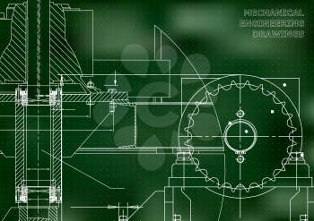Engineering illustrations. Blueprints. Mechanical drawings. Technical Design. Banner. Green background. Points