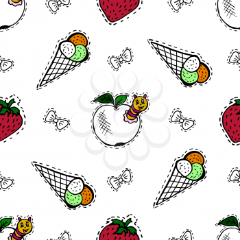 Kids, Cartoon seamless pattern. Lovely pictures for your creativity. Textiles, cartoon background. Ice cream, strawberries, apple with caterpillar, bows