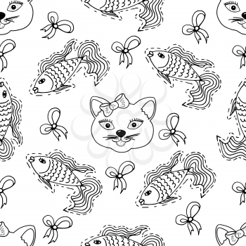 Kids, Cartoon seamless pattern. Lovely pictures. Skarpbuking. Cat, kitty, fish, goldfish, bows