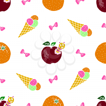 Kids, Cartoon seamless pattern. Original color drawings. Skarpbuking. Textiles, cartoon background. Ice cream, orange, apple with caterpillar, bows