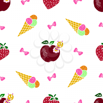 Kids, Cartoon seamless pattern. Original color drawings. Skarpbuking. Textiles, cartoon background. Ice cream, strawberries, apple with caterpillar, bows