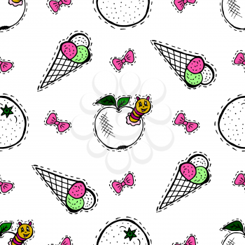Kids, Cartoon seamless pattern. Skarpbuking. Textiles, cartoon background. Ice cream, orange, apple with caterpillar, bows