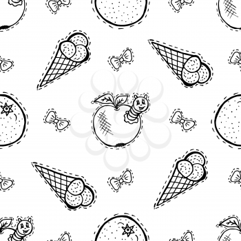 Kids, Cartoon seamless pattern. Textiles, cartoon background. Ice cream, orange, apple with caterpillar, bows