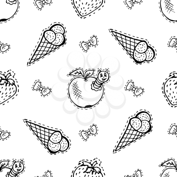 Kids, Cartoon seamless pattern. Textiles, cartoon background. Ice cream, strawberries, apple with caterpillar, bows