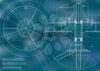 Mechanical engineering drawing. Blue background. Grid
