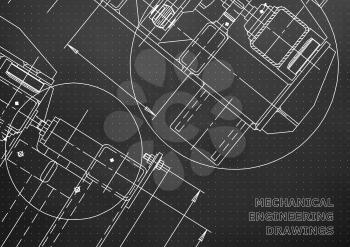Mechanical Engineering drawing. Blueprints. Mechanics. Cover. Engineering design, instrumentation. Black background. Points