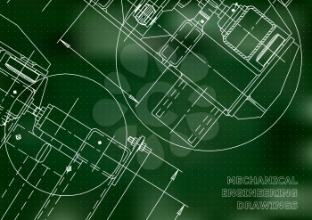 Mechanical Engineering drawing. Blueprints. Mechanics. Cover. Engineering design, instrumentation. Green background. Points