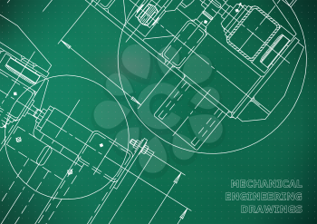 Mechanical Engineering drawing. Blueprints. Mechanics. Cover. Engineering design, instrumentation. Light green background. Points