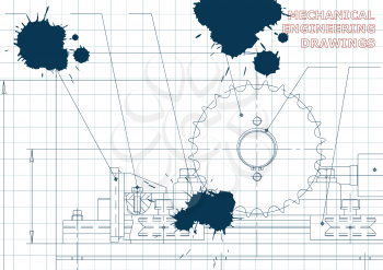 Mechanical engineering drawings. Vector Drawing. Draft. Ink. Blots