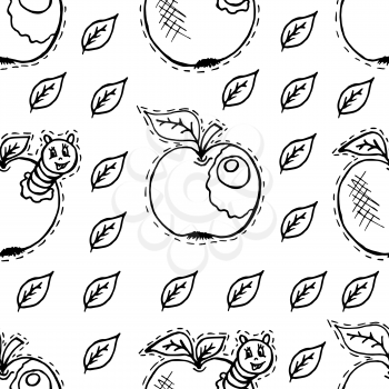 Seamless pattern in cartoon style. Apples, apple with caterpillar, green leaves