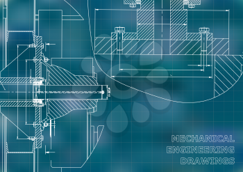Technical illustration. Mechanical engineering. Backgrounds of engineering subjects. Blue background. Grid