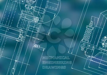 Blueprint, Sketch. Vector engineering illustration. Cover, flyer, banner, background. Instrument-making drawings. Mechanical engineering drawing. Technical illustration. Blue background