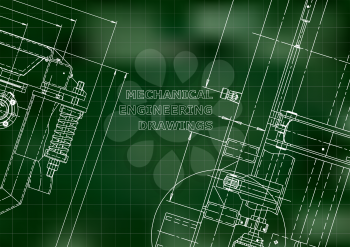 Blueprint, Sketch. Vector engineering illustration. Cover, flyer, banner, background. Instrument-making drawings. Mechanical engineering drawing. Technical illustrations. Green background. Grid