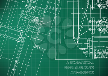 Blueprint. Vector engineering illustration. Computer aided design systems. Instrument-making drawings. Mechanical engineering drawing. Technical illustrations. Light green background. Grid