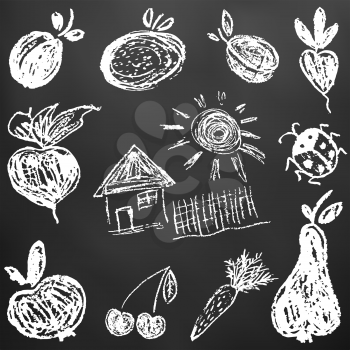 Child drawing with white chalk on a black board. Apricot, orange, plum, radish, beetroot, house, fence, sun ladybug apple cherry carrot pear