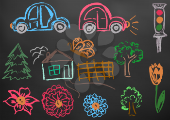 Children's drawing color chalk on a blackboard. Design elements of packaging, postcards, wraps, covers. Sweet children's creativity. Cars, traffic light, tree, tree, butterfly, house, fence, flowers, tulip