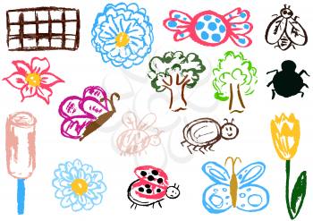 Children's drawing with colored wax crayons. Design elements of packaging, postcards, wraps, covers. Sweet children's creativity. Flower, butterfly, bug, spider, fly, ladybug, ice cream, tree, candy, chocolate, tulip