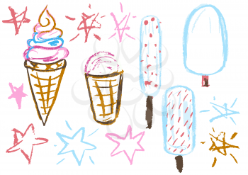 Children's drawing with colored wax crayons. Design elements of packaging, postcards, wraps, covers. Sweet children's creativity. Ice cream, sweets, summer, stars