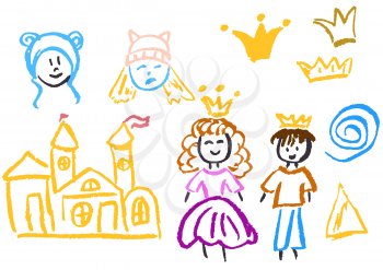 Children's drawing with colored wax crayons. Design elements of packaging, postcards, wraps, covers. Sweet children's creativity. Spiral, triangle, faces, crown, prince, princess, castle, flags