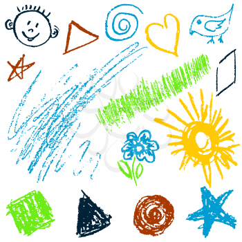 Children's drawing with colored wax crayons. Design elements of packaging, postcards, wraps, covers. Sweet children's creativity. Square, triangle, circle, star, flower, sun, grass, bird, spiral, star, face