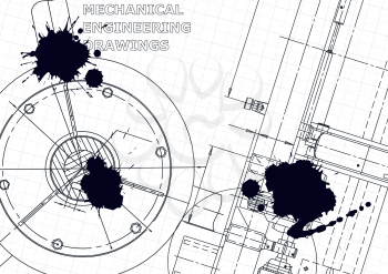 Cover, flyer, banner. Vector engineering illustration. Blueprint, background. Black Ink. Blots. Mechanical engineering drawing