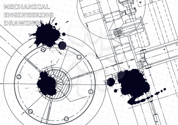 Cover, flyer, banner. Vector engineering illustration. Blueprint, background. Instrument-making drawings. Black Ink. Blots. Technical