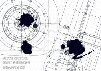 Cover. Vector engineering illustration. Blueprint, flyer. Black Ink. Blots
