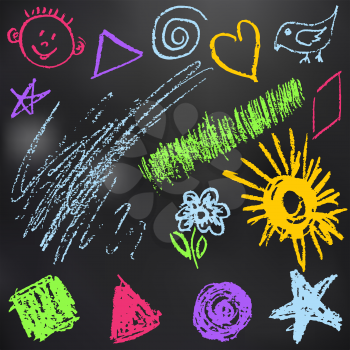 Children's drawing color chalk on a blackboard. Design elements of packaging, postcards, wraps, covers. Sweet children's creativity. Square, triangle, circle, star, flower, sun, grass bird spiral star face